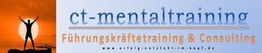 Silhouette einer jubelnden Person vor Sonnenuntergang, Text: "ct-mentaltraining, Führungskräftetraining & Consulting".