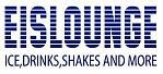 Text: "EISLOUNGE ICE, DRINKS, SHAKES AND MORE" in blau-weiß gestreifter Schrift.