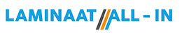 Logo met tekst "Laminaat All-In" in blauw met drie diagonale lijnen in zwart, oranje en blauw.