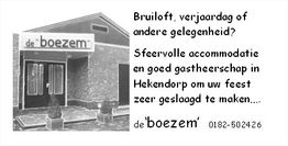 Voorkant van een gebouw met reclame voor feestlocatie "de Boezem" in Hekendorp. Telefoonnummer erbij.