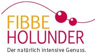 Logo mit Text "FIBBE HOLUNDER" und Unterzeile "Der natürlich intensive Genuss." mit Beerenmotiv.