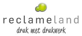 Logo van Reclameland met de tekst "druk met drukwerk" en een groene stip als accent.