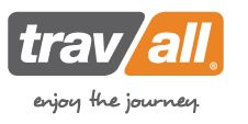 Logo mit Text: "travall" und Slogan "enjoy the journey." Graue und orangefarbene Schrift.