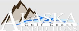 Logo for Alaska Gulf Coast Expeditions with mountains and blue waves.