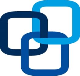 Verschlungene blaue und hellblaue Rechtecke formen ein stilisiertes Symbol auf weißem Hintergrund.