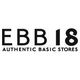 Logo van "EBB 18 Authentic Basic Stores" in zwarte tekst op een witte achtergrond.