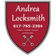 Red shield logo for Andrea Locksmith with contact number and crossed keys graphic.