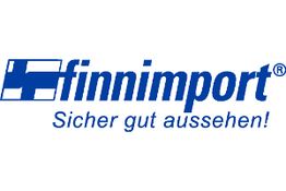 Blaues Logo von Finnimport mit dem Slogan "Sicher gut aussehen!" und stilisiertem Icon.
