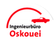 Logo des Ingenieurbüros Oskouei: roter Bogen, rotes Auto, schwarzer und roter Text.