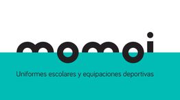 Logo de Momoi sobre fondo turquesa con texto: "Uniformes escolares y equipaciones deportivas".