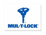 Logo blu di Mul-T-Lock con una chiave a forma di uomo muscoloso. Sfondo bianco.