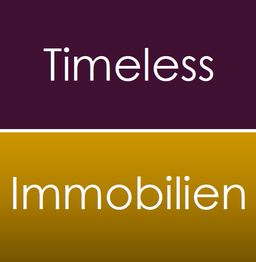 Textlogo "Timeless Immobilien" auf lila und gelbem Hintergrund.