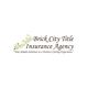Brick City Title Insurance Agency logo with floral design and tagline on a white background.