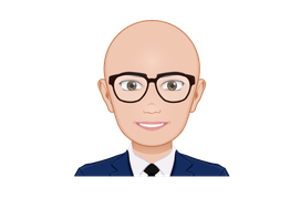 Ilustración de persona calva con gafas y traje azul sonriendo.