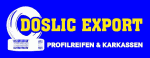 Logo der Firma Doslic Export mit Reifenmotiv, Text: "Profilreifen & Karkassen" auf blauem Hintergrund.