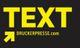 Gelber Text "TEXT" und "DRUCKERPRESSE.com" auf schwarzem Hintergrund mit gelbem Pfeil nach links.