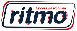 Logo da Escola de Idiomas Ritmo, com texto estilizado em azul e vermelho.