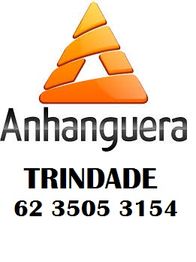 Logo da Anhanguera com texto "TRINDADE" e telefone "62 3505 3154" em preto.