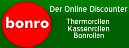 Rotes Logo "bonro" auf grünem Hintergrund, Text: "Der Online Discounter für Thermo- und Kassenrollen."
