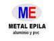 Logo de Metal Epila: "ME" en óvalo gris, texto "aluminio y pvc" debajo.