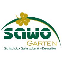 Logo von Sawo Garten mit Kleeblatt und Slogan: Sichtschutz, Gartenzubehör, Dekoartikel.