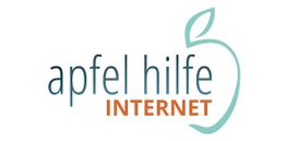 Logo mit Schriftzug "apfel hilfe INTERNET" und Apfelumriss in Blau.