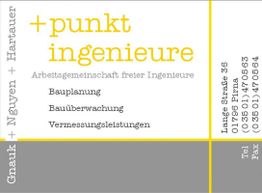 Visitenkarte mit gelbem Text: "+punkt ingenieure", Dienstleistungen und Kontaktdaten.