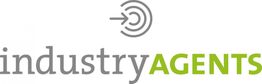 Logo mit dem Text "industryAGENTS", daneben ein Pfeilsymbol in Grau und Grün.
