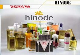 Variados produtos de beleza Hinode, incluindo perfumes, cremes e loções, em exposição.