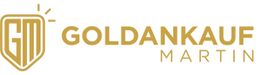 Logo von "Goldankauf Martin" in goldener Schrift mit einem stilisierten Schild und "GM"-Symbol.