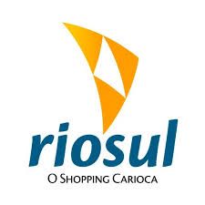 Logotipo do Rio Sul: triângulos laranja e texto "riosul, O Shopping Carioca" em azul.