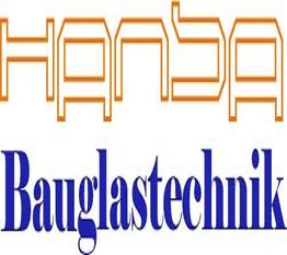 Logo mit Text: "Hansba Bauglastechnik" in orange und blau.