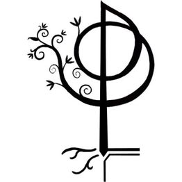 Simbolo grafico astratto con elementi floreali e linee curve.