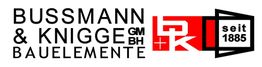 Logo von Bussmann & Knigge Bauelemente, seit 1885, schwarzer Text auf weißem Hintergrund.