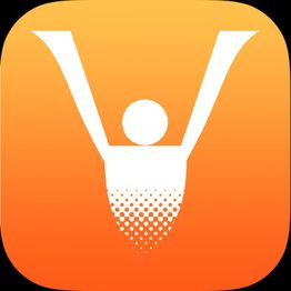 Abstraktes Logo: Weißes stilisiertes Männchen auf orangem Hintergrund, unten gepunktet.