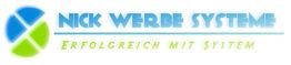 Logo von "Nick Werbe Systeme" mit Slogan "Erfolgreich mit System" in Blau und Grün.