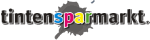 Logo mit Schriftzug "tintensparmarkt" auf schwarzem Tintenklecks, "spar" in bunten Farben hervorgehoben.