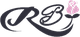 Texto decorativo "RB" con una rosa rosa a la derecha.