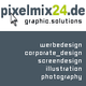 Logo von Pixelmix24.de mit Text: Graphic Solutions, Werbedesign, Corporate Design, Screendesign.