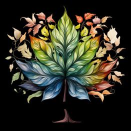 Ein Baum mit einem bunten Blatt und vielen kleinen Blättern auf schwarzem Hintergrund.