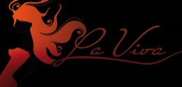 Eine Silhouette einer Frau mit wehendem Haar neben dem Schriftzug "La Viva" vor schwarzem Hintergrund.