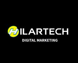 Logo of "Hilartech Digital Marketing" with stylized H in a yellow circle on a black background.