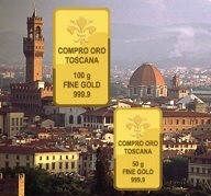 Panorama di Firenze con lingotti d'oro in primo piano.