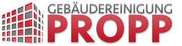 Logo der Gebäudereinigung Propp mit stilisiertem Gebäude aus roten und grauen Quadraten.