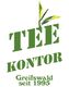 Logo mit grünem Text "TEE KONTOR" und Teeblatt, "Greifswald seit 1995" darunter.