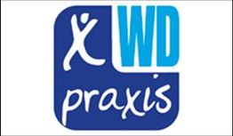 WD Praxis-Logo: Blaue Rechtecke mit weißem Schriftzug "WD" und "Praxis", daneben stilisierte Figur.
