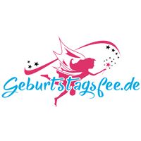 Logo mit rosa Fee und Sternen, Text: Geburtstagsfee.de.