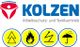 Logo von Kolzen Arbeitsschutz mit vier Sicherheitssymbolen: Baum, Flamme, Blitz, Regenschirm.