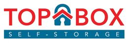 Logo von Top Box Self-Storage mit rotem Text und blauem Schlossmotiv.