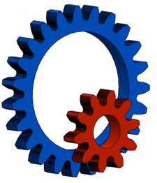 Engrenagem grande azul interligada a uma pequena vermelha, ilustrando uma conexão mecânica.